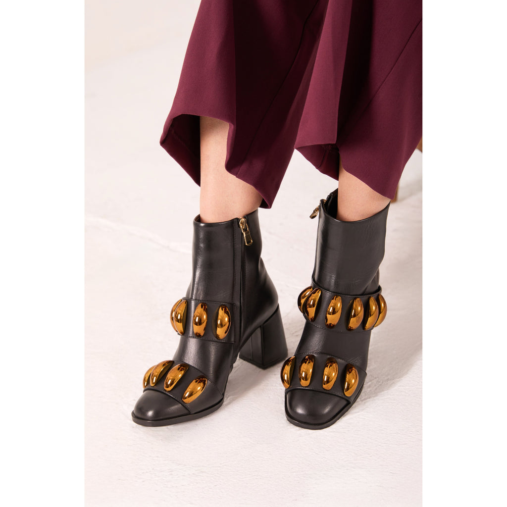 The Eclipse Black & Gold Leather Block Heel Women Boot