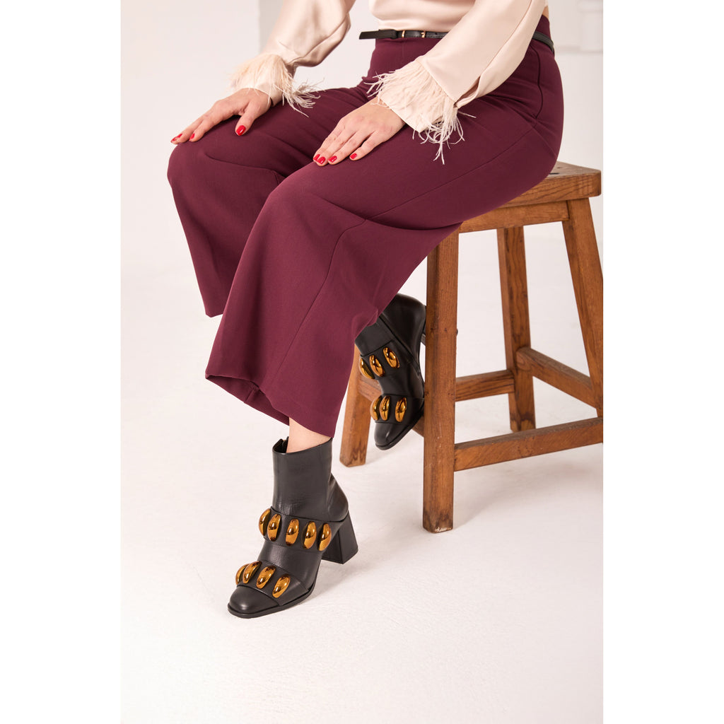The Eclipse Black & Gold Leather Block Heel Women Boot