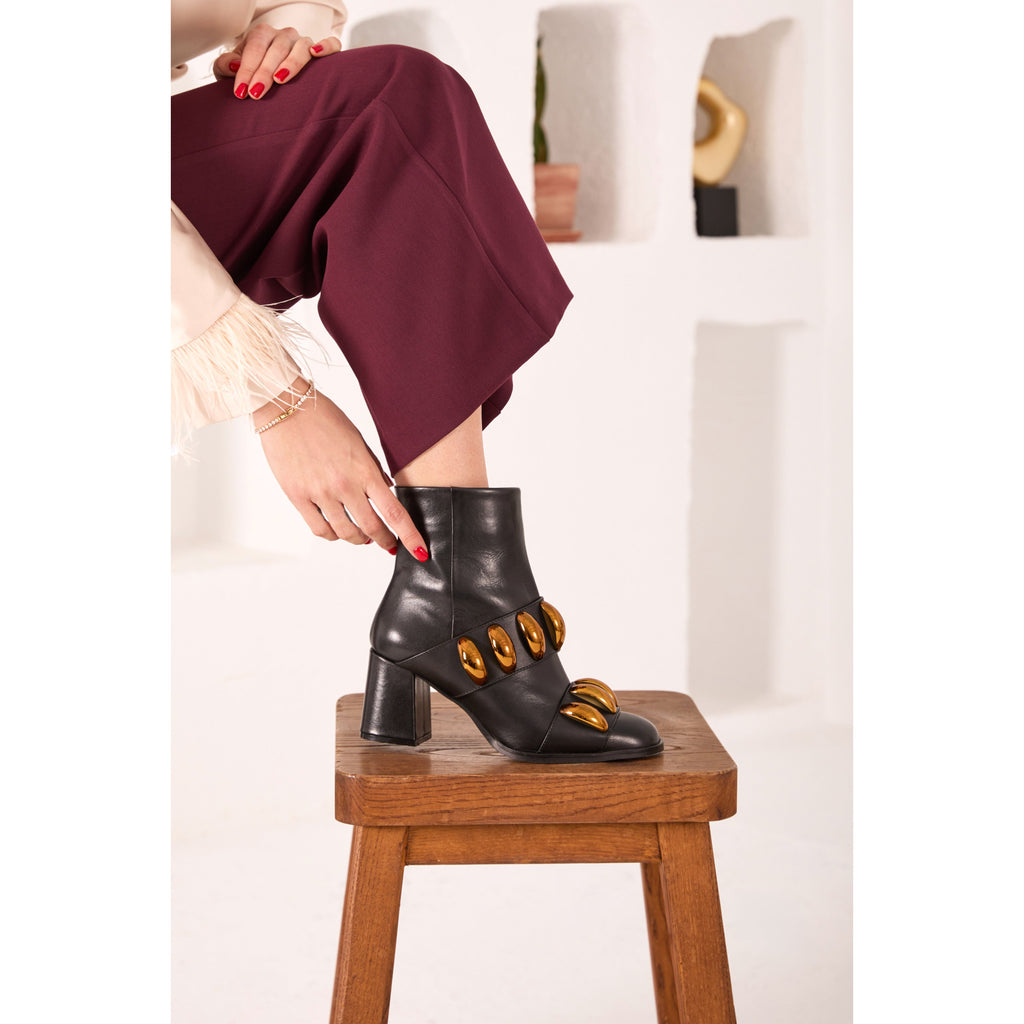 The Eclipse Black & Gold Leather Block Heel Women Boot