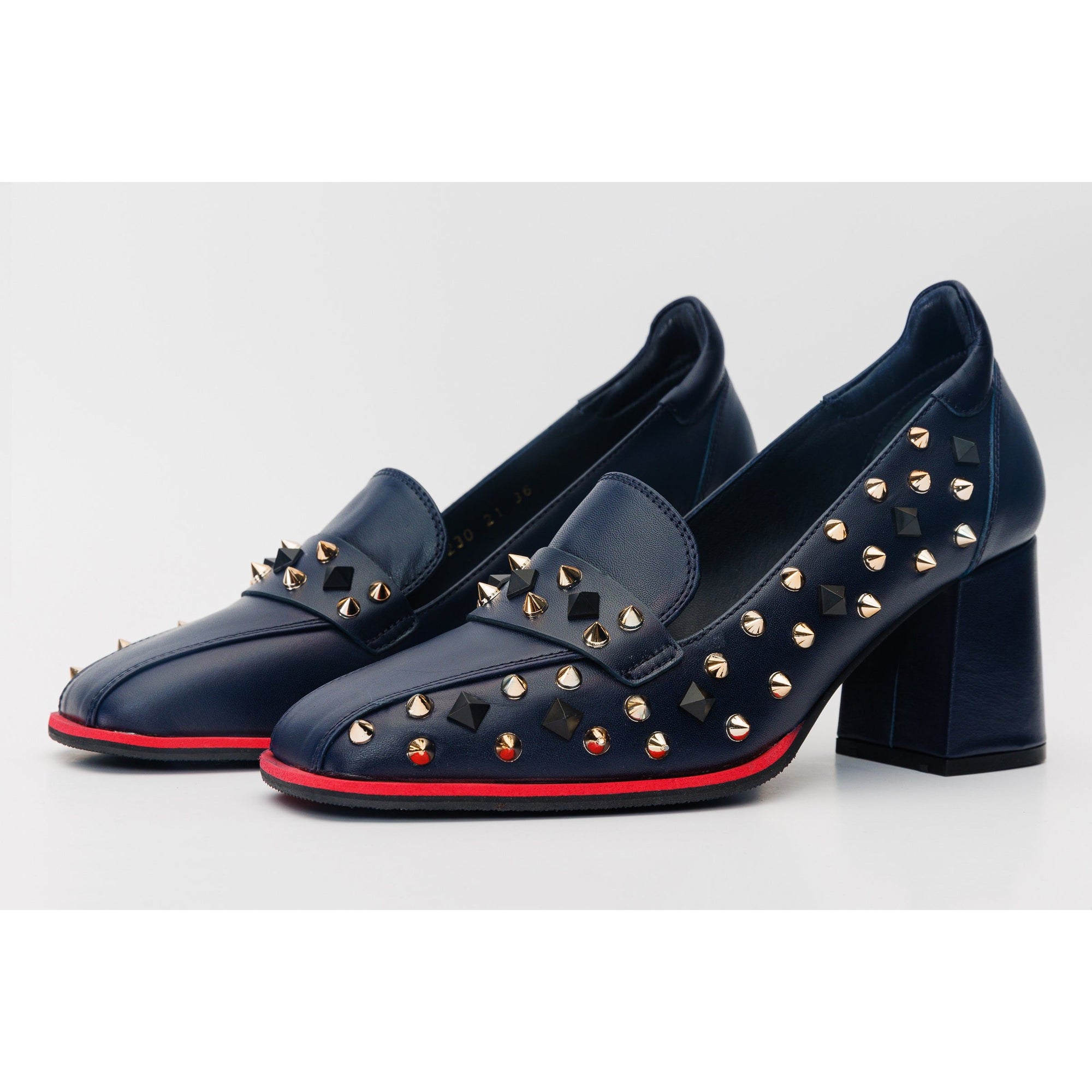 The Infanta Navy Blue Spike Leather Block Heel Pump Women Shoe