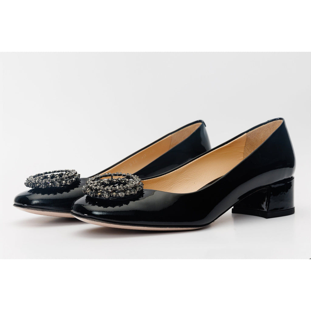 The Danish Black Patent Leather Block Heel Pump Women Shoe