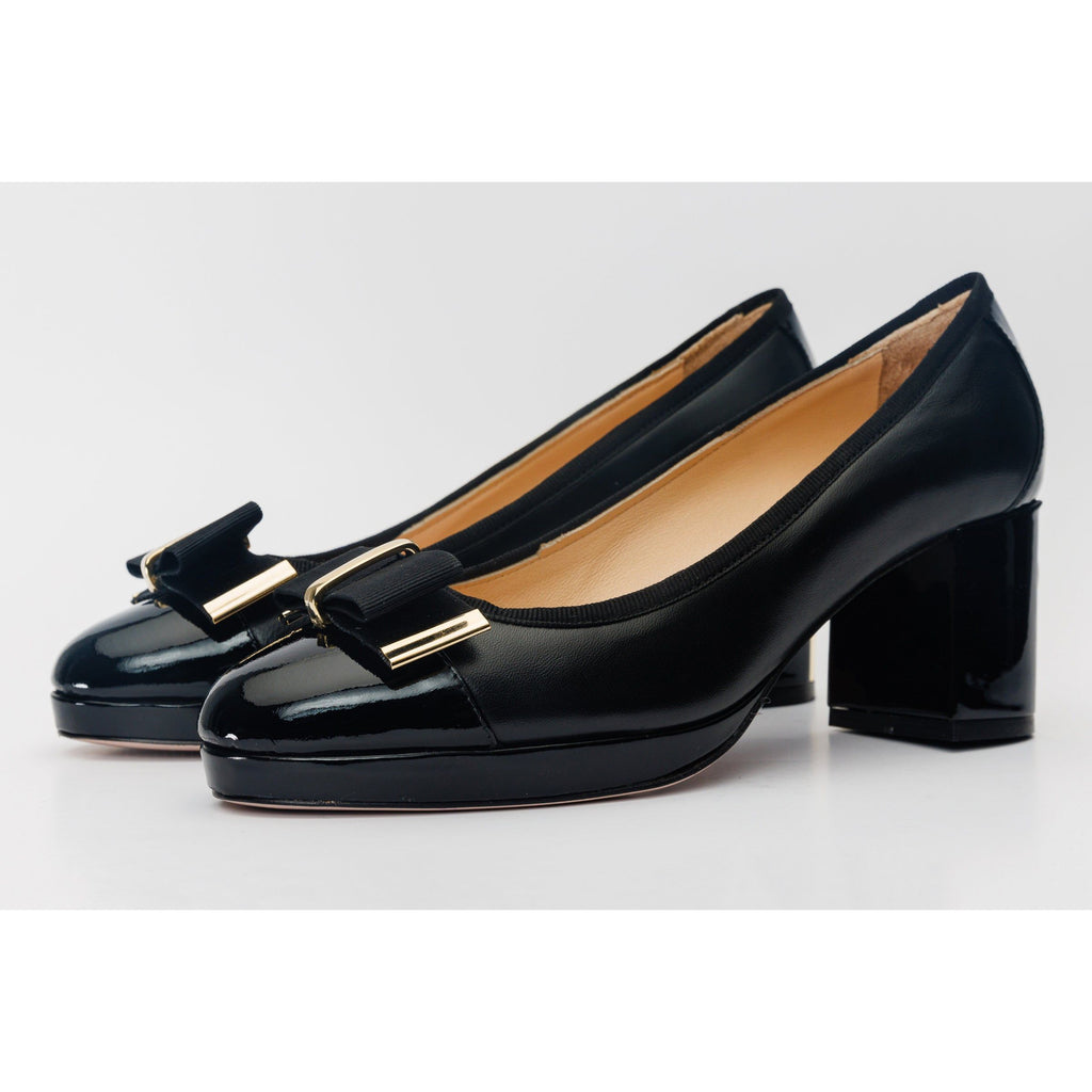 The Fano Black Leather Cap Toe Block Heel Pump Women Shoe