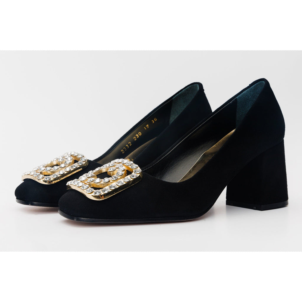 The California Black Suede Leather Block Heel Pump Women Shoe