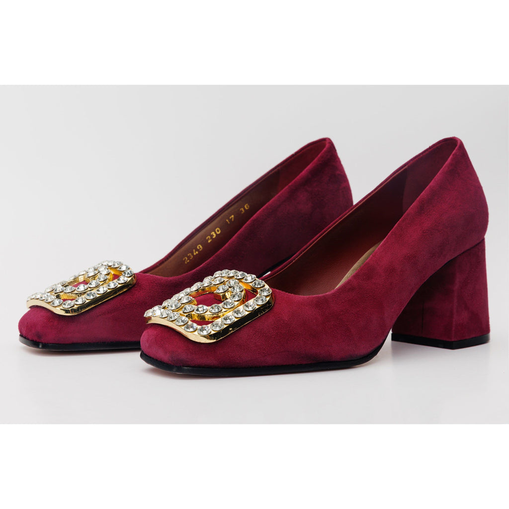 The California Burgundy Suede Leather Block Heel Pump Women Shoe