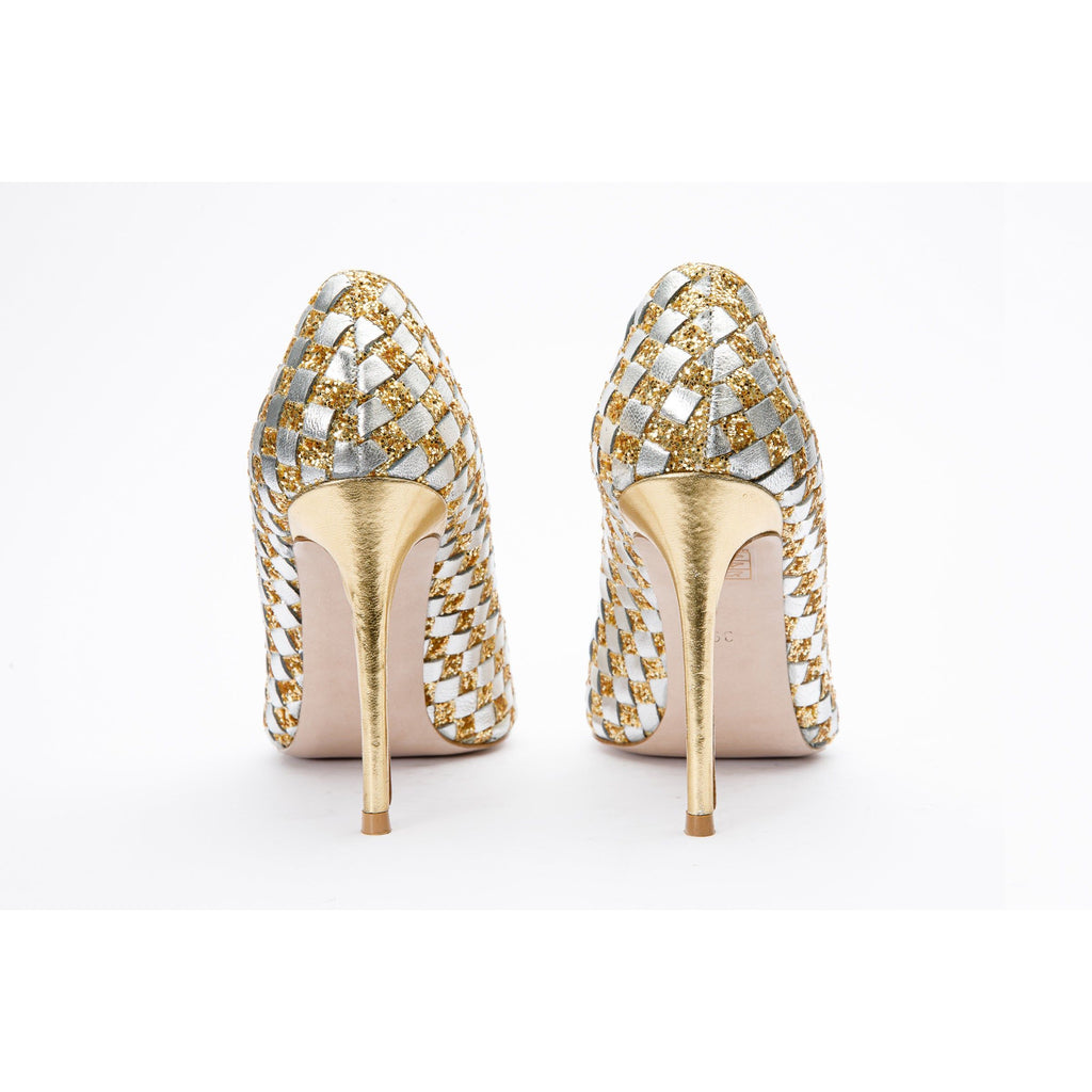 The Saks Tory Gold & Silver Handwoven Leather Pump Women Shoe