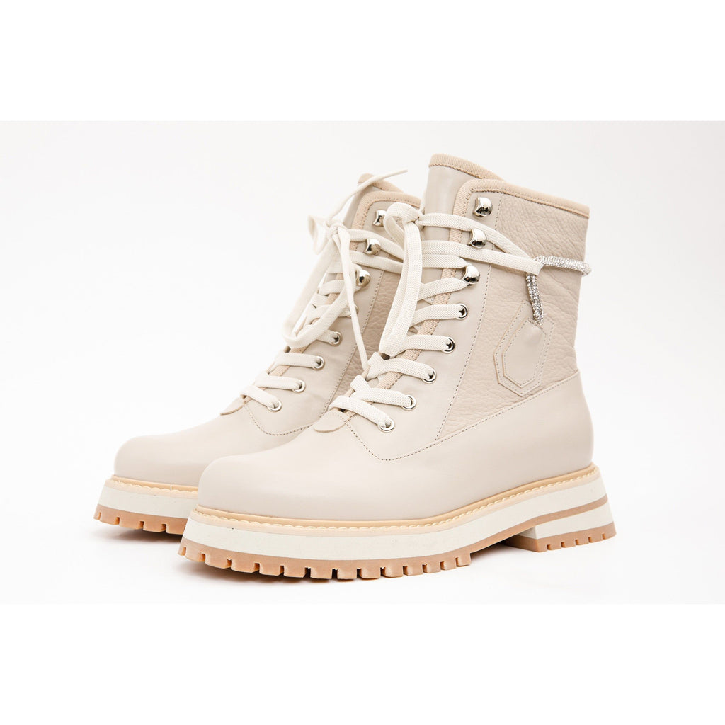 The Arata Cream Leather Lace-Up Ankle Women Boot With a Side Zipper