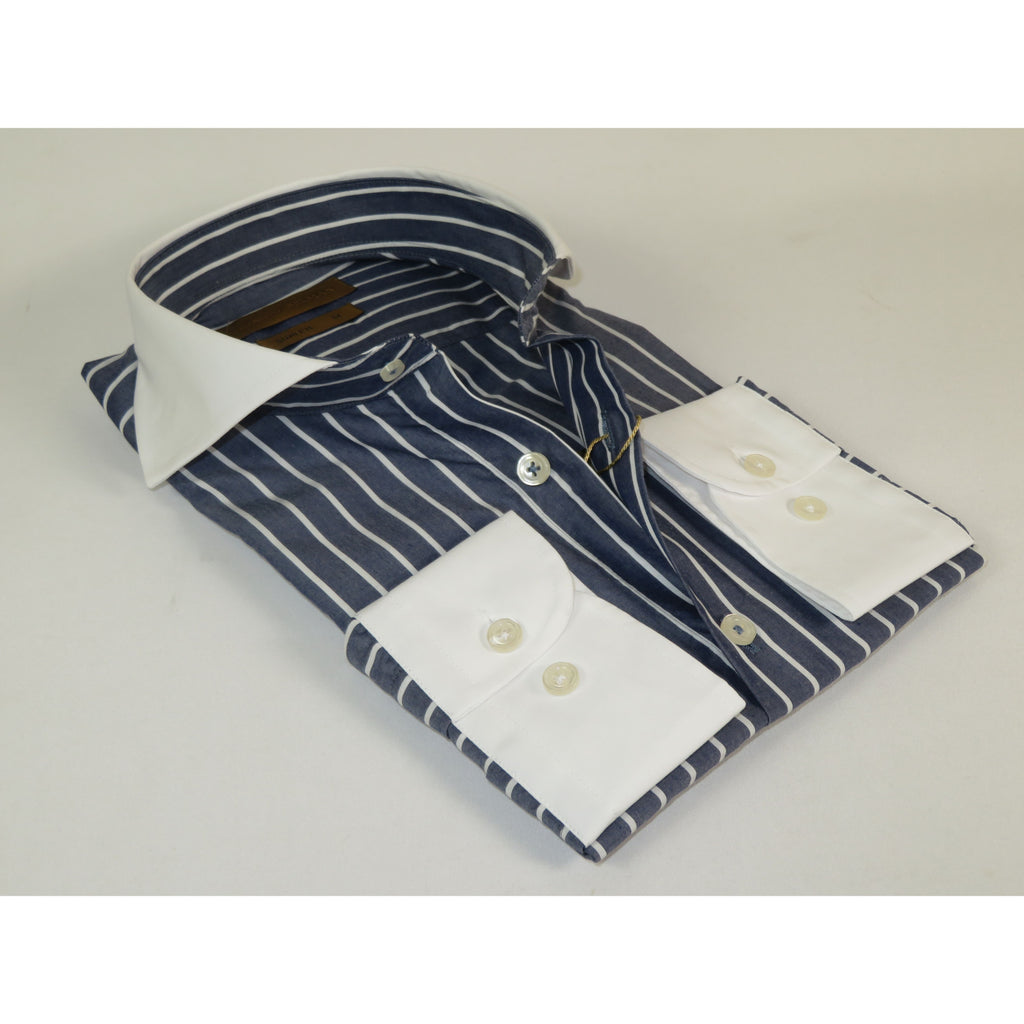 Men's Giorgio Belman Shirts 100% Cotton Spread White Collar 4102 Navy White Stripes
