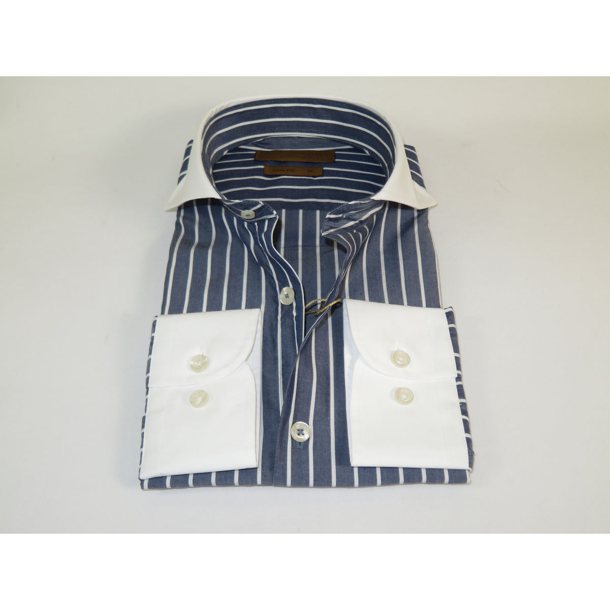 Men's Giorgio Belman Shirts 100% Cotton Spread White Collar 4102 Navy White Stripes