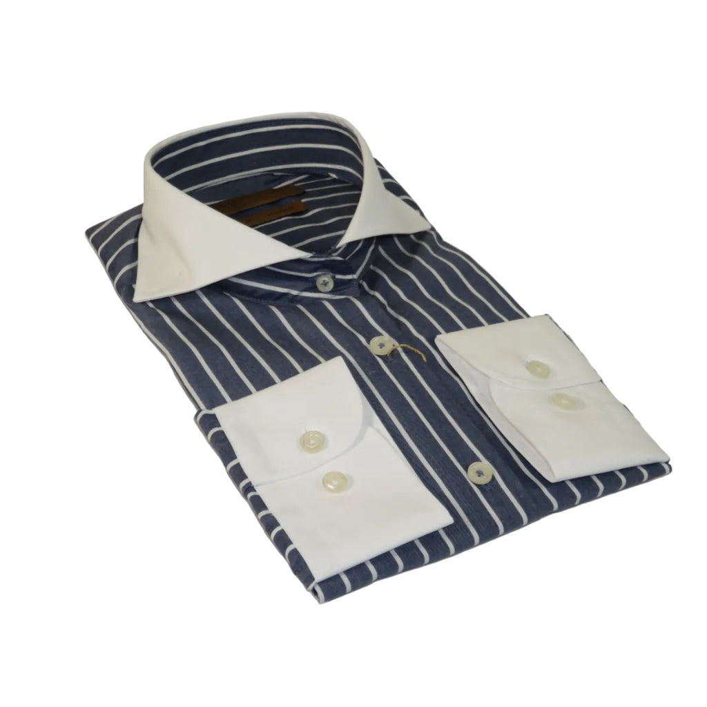 Men's Giorgio Belman Shirts 100% Cotton Spread White Collar 4102 Navy White Stripes