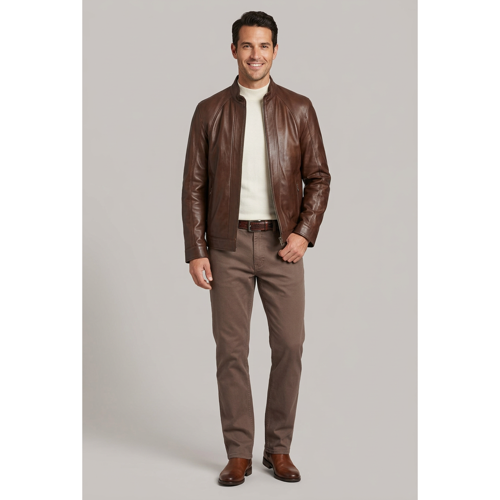 Men's VIA CONDOTTI Fine Lamb Skin Leather Zipper Jacket 4631 Cognac Brown
