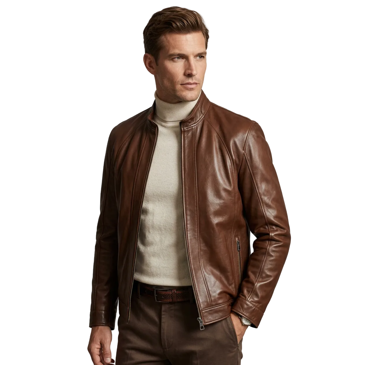 Men's VIA CONDOTTI Fine Lamb Skin Leather Zipper Jacket 4631 Cognac Brown