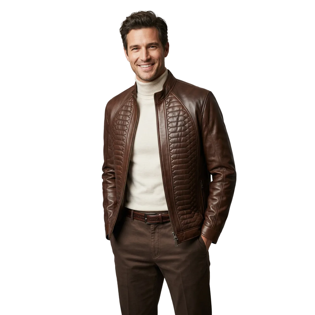 Men's VIA CONDOTTI Fine Lamb Skin Leather Zipper Jacket With European Design 4632 Cognac