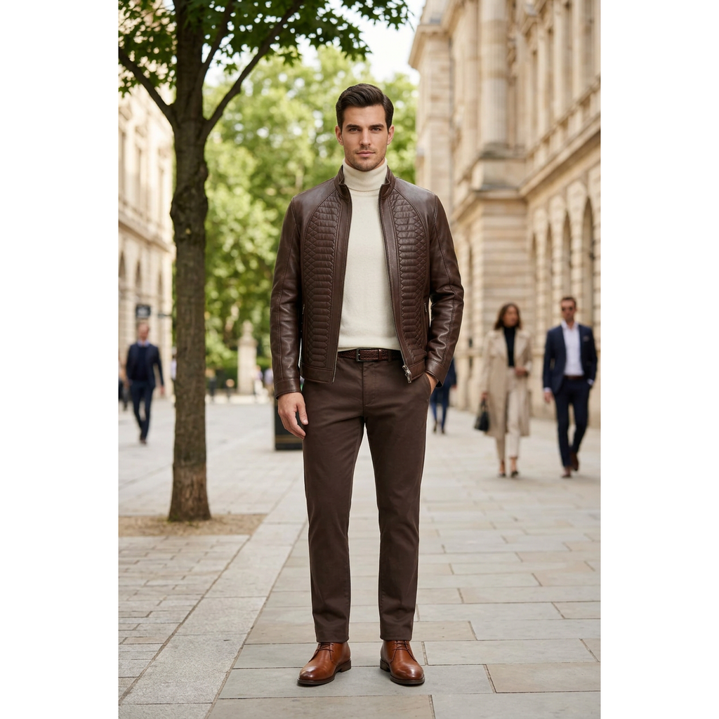 Men's VIA CONDOTTI Fine Lamb Skin Leather Zipper Jacket With European Design 4632 Cognac