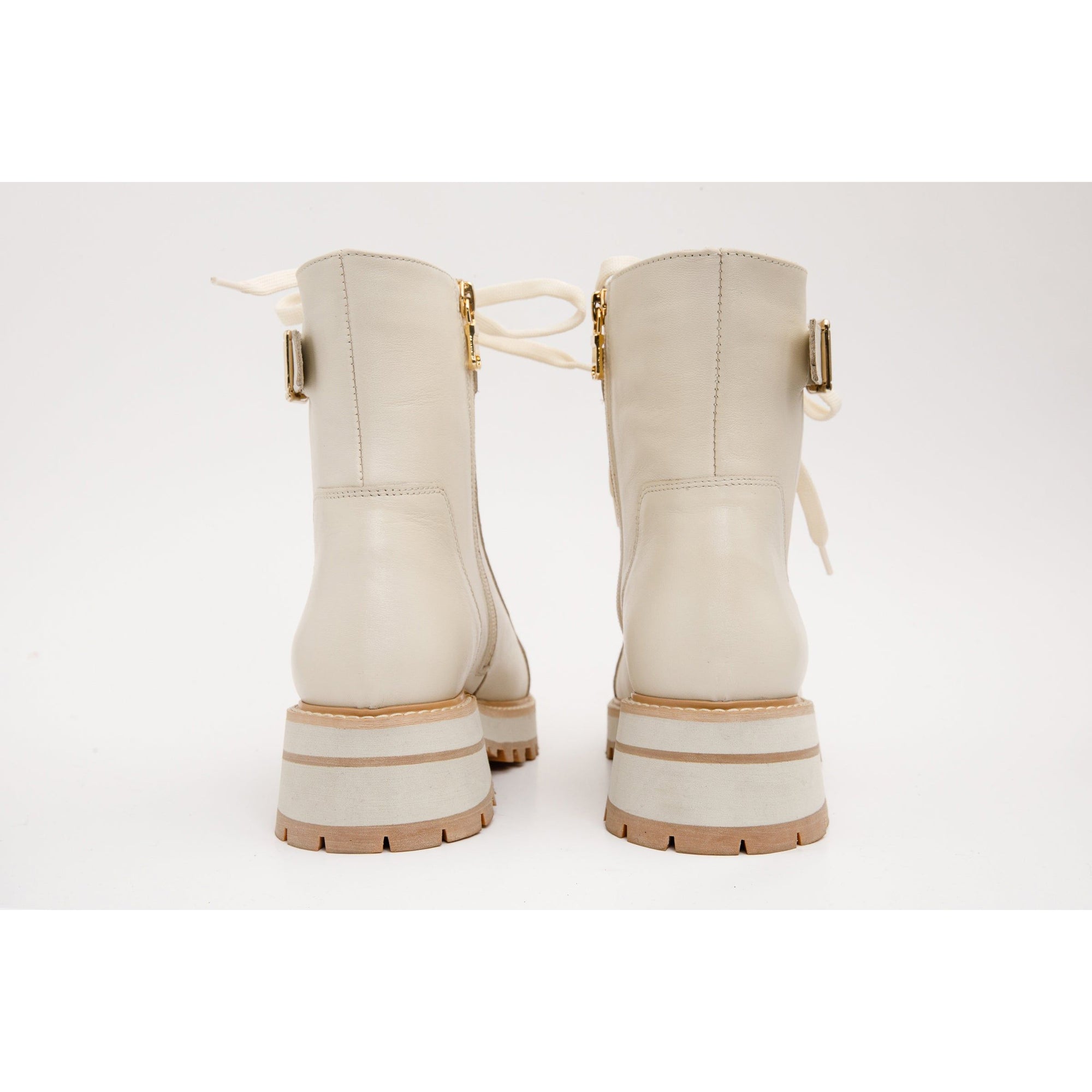 The Belgrano Cream Leather Lace-Up Ankle Women Boot With a Side Zipper