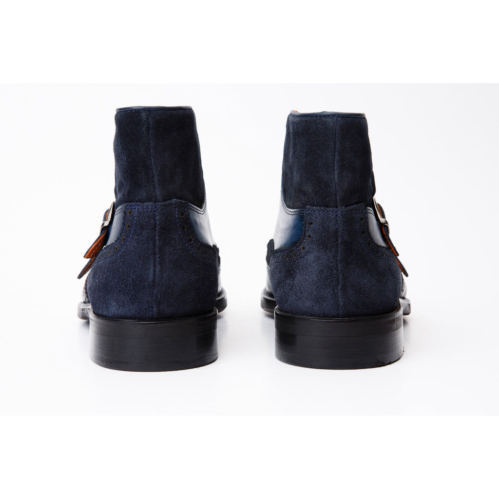 The Albus Navy Blue Leather & Suede Double Strap Monk Brogue Men Boot