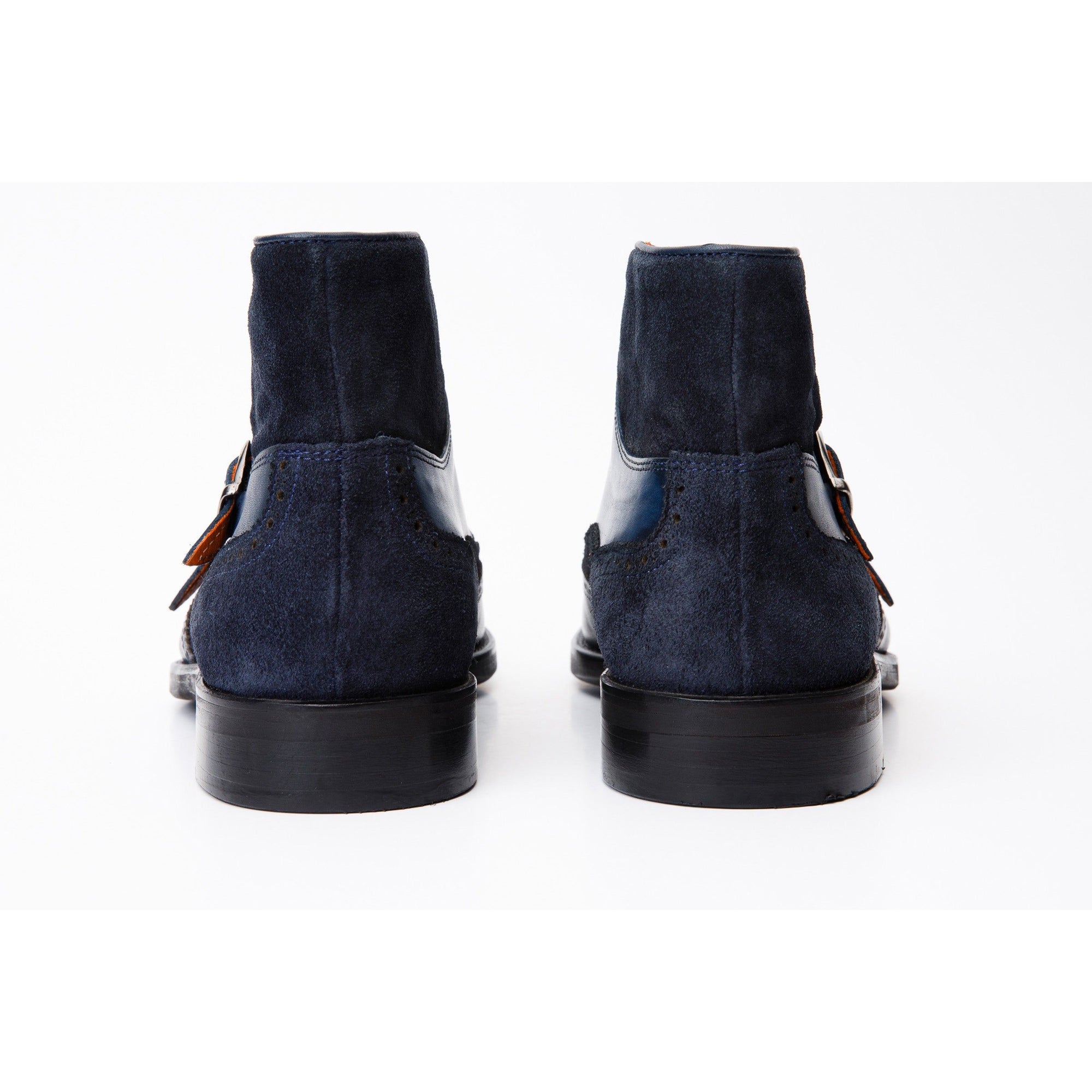 The Albus Navy Blue Leather & Suede Double Strap Monk Brogue Men Boot