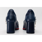 The Infanta Navy Blue Spike Leather Block Heel Pump Women Shoe