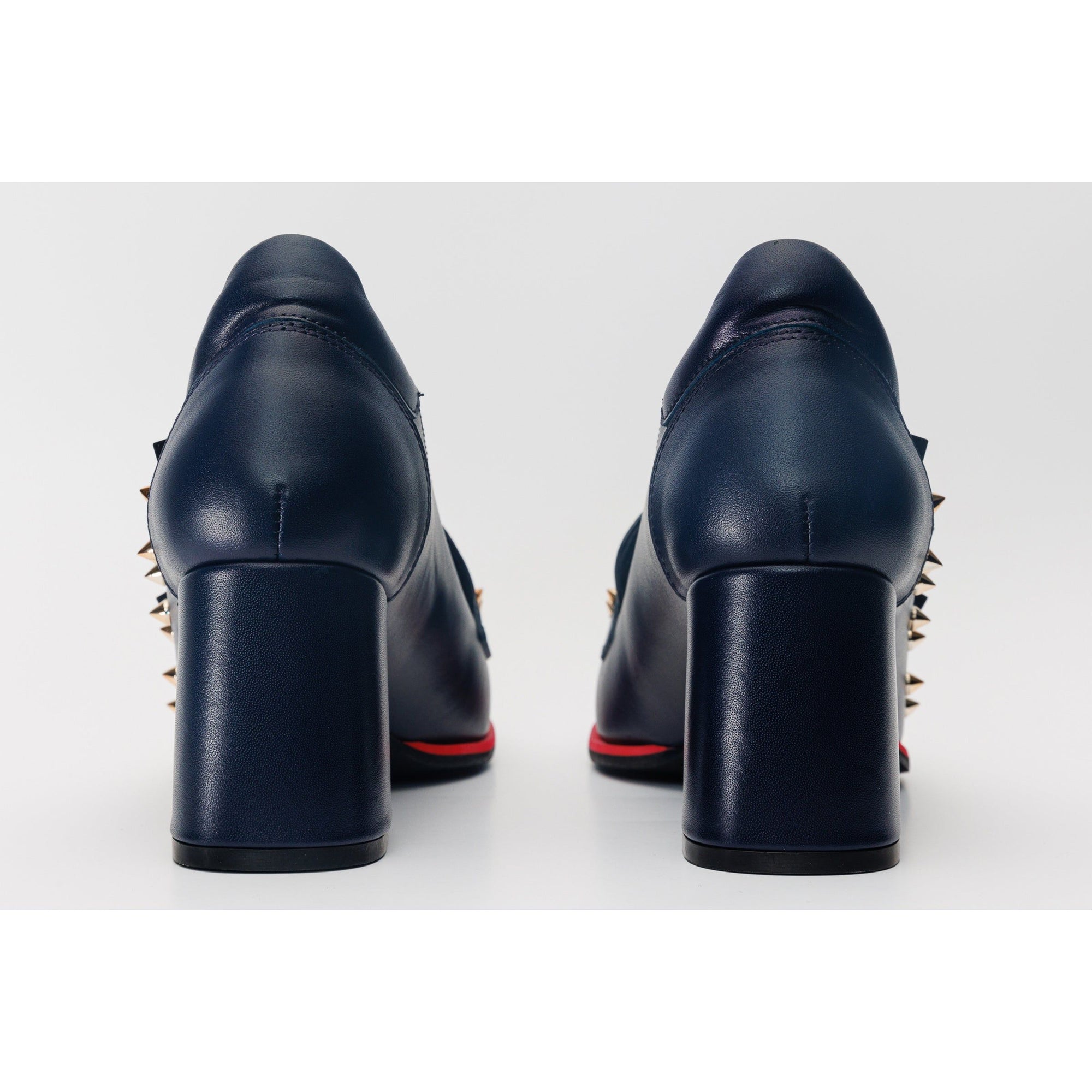 The Infanta Navy Blue Spike Leather Block Heel Pump Women Shoe