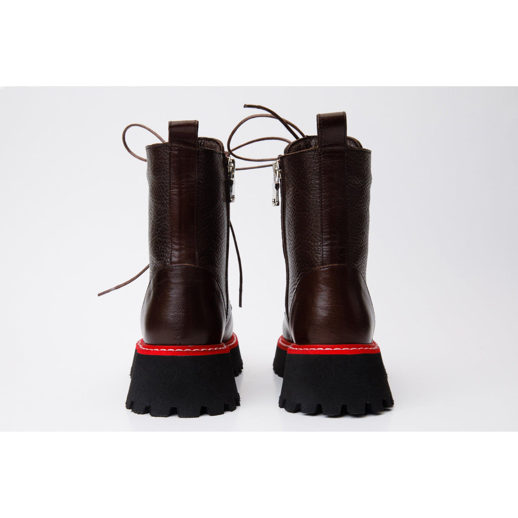 The Yildiz Brown Leather Lace-Up Ankle Women  Boot With a Side Zipper