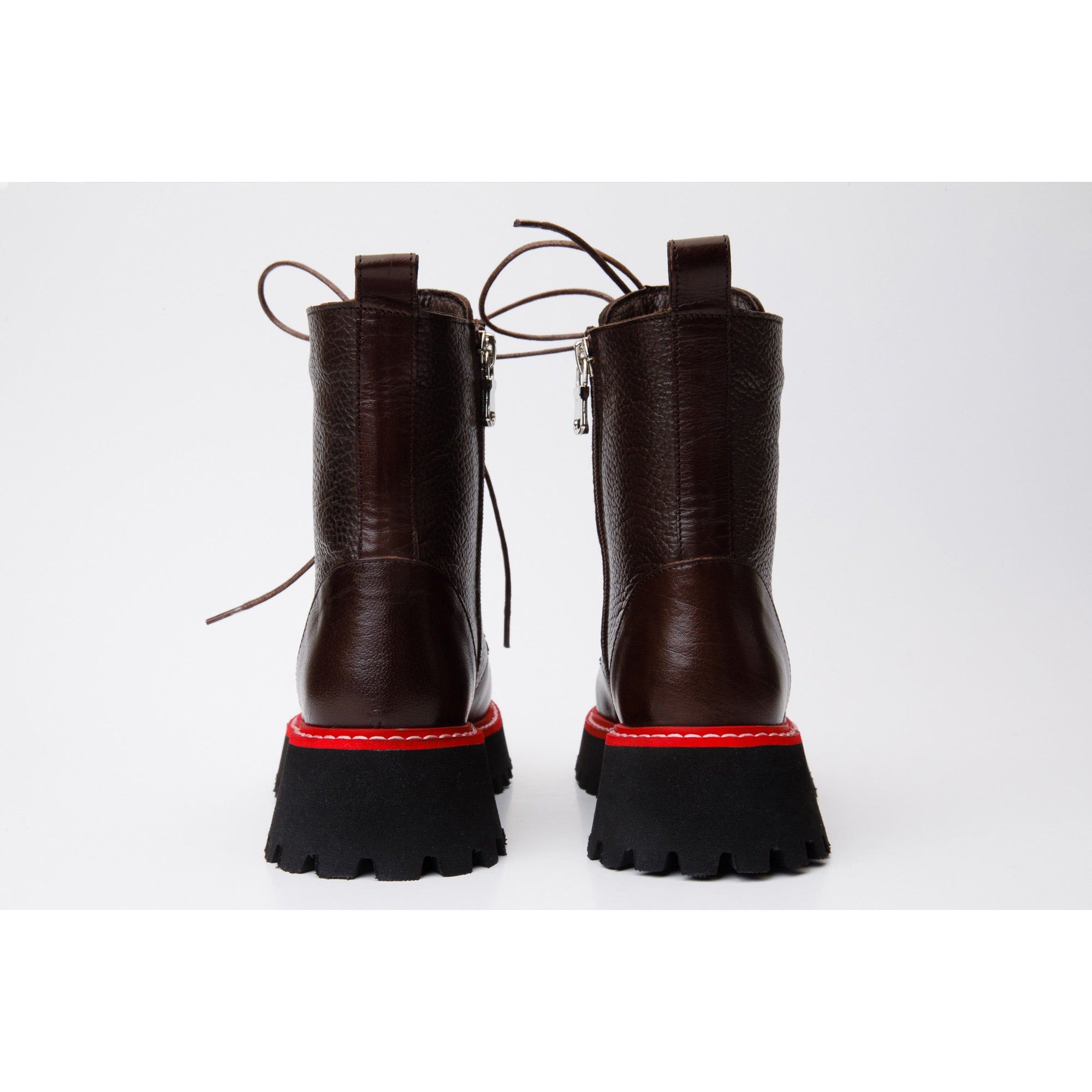 The Yildiz Brown Leather Lace-Up Ankle Women  Boot With a Side Zipper