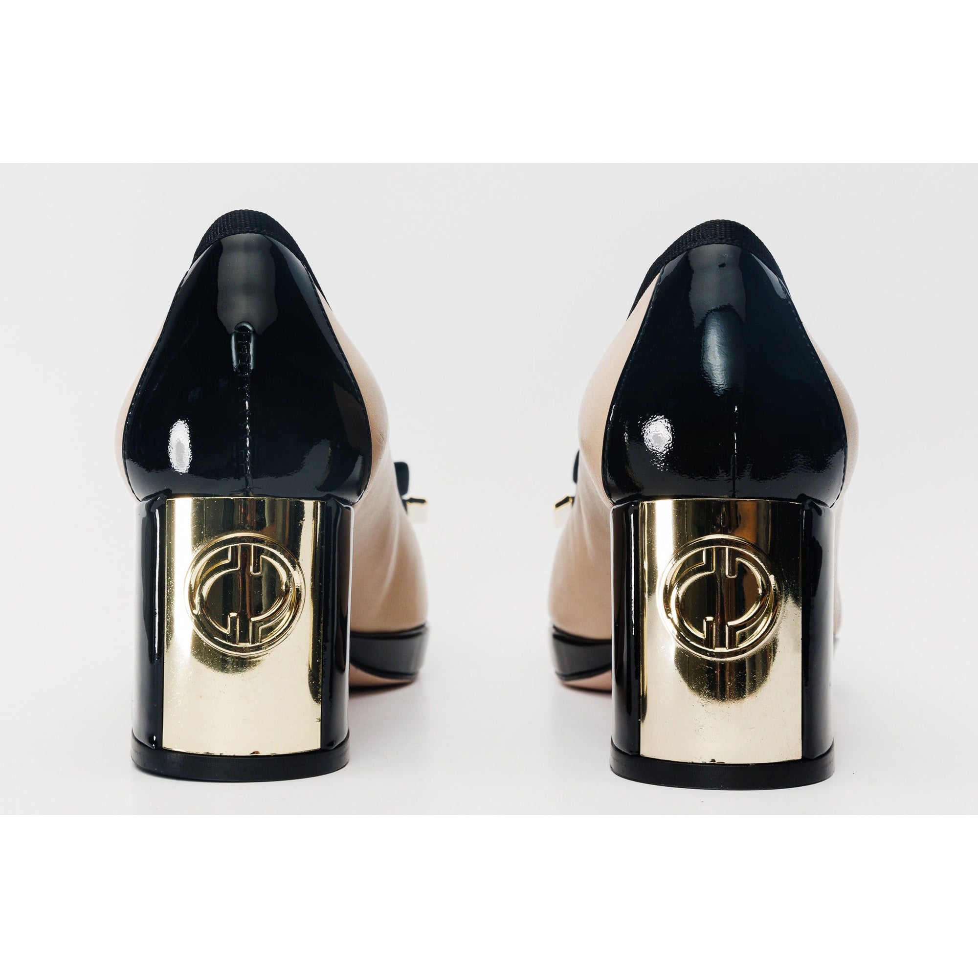 The Fano Beige Leather Cap Toe Block Heel Pump Women Shoe