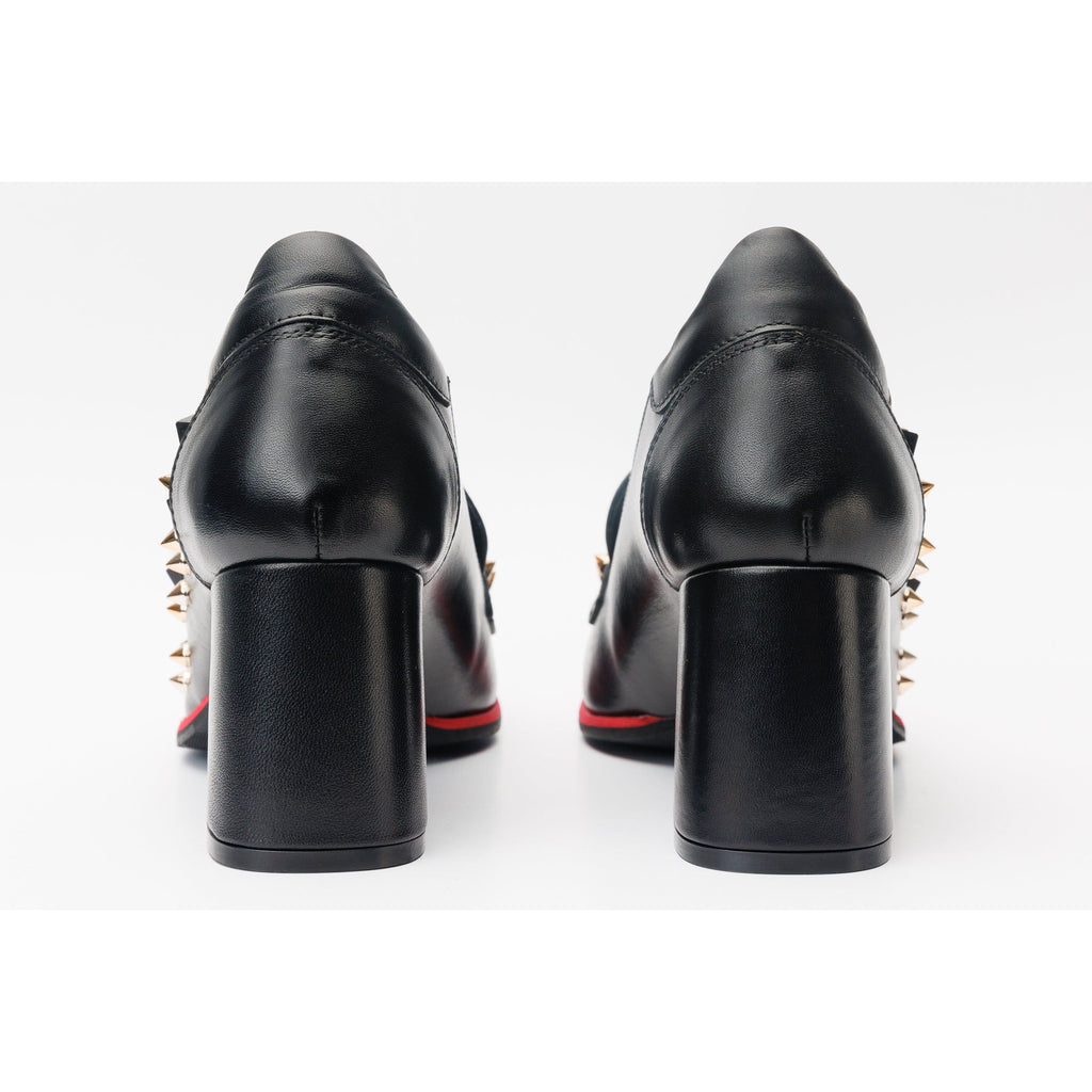 The Infanta Black Spike Leather Block Heel Pump Women Shoe