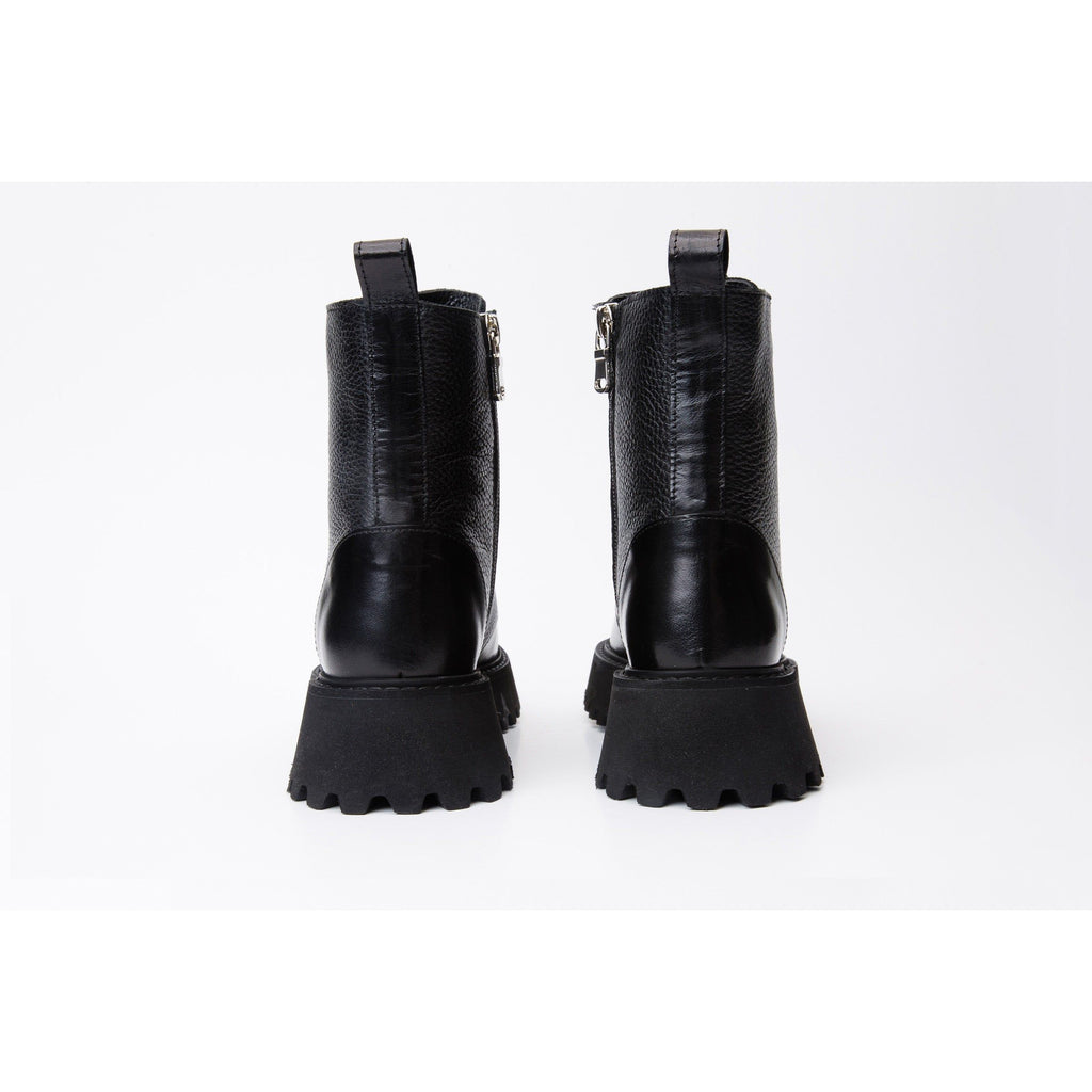 The Yildiz Black Leather Lace-Up Ankle Women  Boot With a Side Zipper