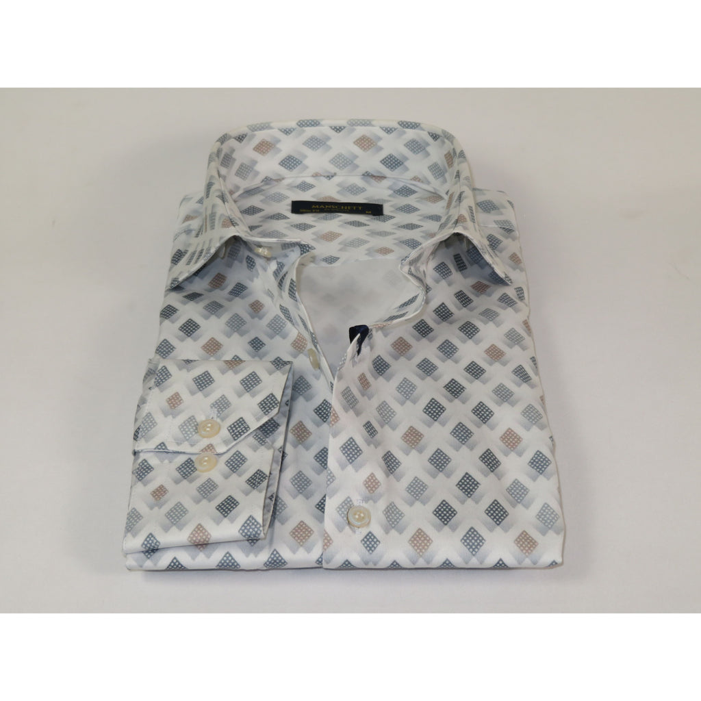 Mens 100% Cotton Shirt Manschett Turkey Slim Fit 5016-34 White/Gray Checker Diamond