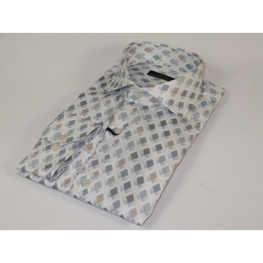 Mens 100% Cotton Shirt Manschett Turkey Slim Fit 5016-34 White/Gray Checker Diamond