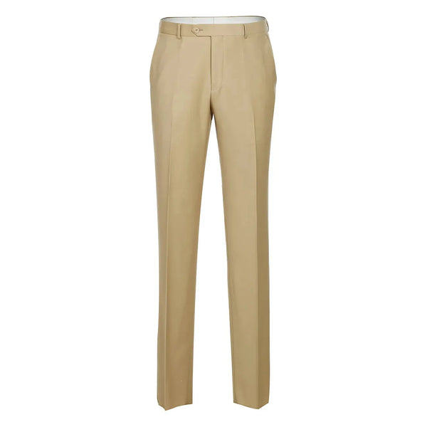 Men Renoir Flat Front Pants 100% Soft Wool Super 140's Classic Fit 508-4 Tan