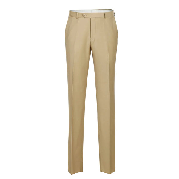 Men Renoir Flat Front Pants 100% Soft Wool Super 140's Classic Fit 508-4 Tan