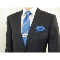 Men Renoir Suit Super 140 Wool Side Vent Slim Fit English Plaid 559-3 Navy Blue