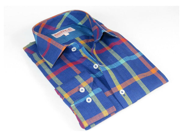 Men Linen Sports Shirt By INSERCH English Plaid European 2905 Blue Multi Checker