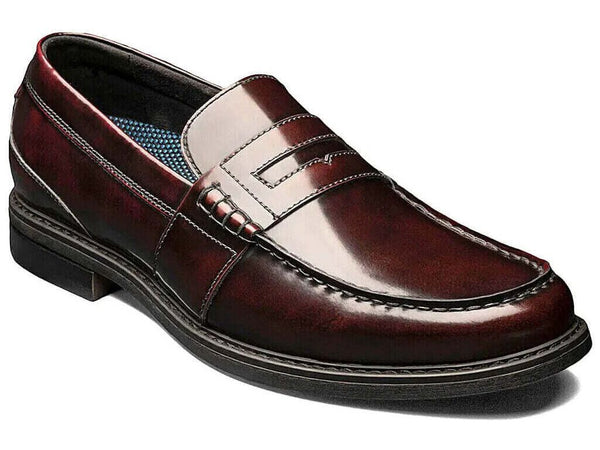 Men's Nunn Bush Lincoln Moc Toe Penny Loafer Shoes Leather Burgundy 85538-641