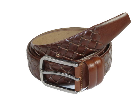 Men Cognac Genuine Leather Belt PIERO ROSSI Turkey Soft Full Grain #Cognac Woven