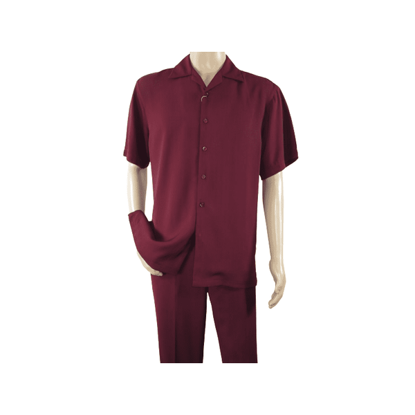 Men INSERCH 2pc Walking Leisure Suit Shirt Pants Set Short Sleeves 9356 Burgundy