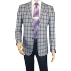 Men Sport Coat by Berlusconi Turkey Soft European Plaid #MK80 05 gray blue