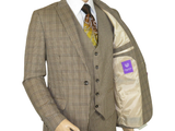 Men 3pc European Vested Suit WESSI by J.VALINTIN Slim Fit JV43 Brown Houndstooth