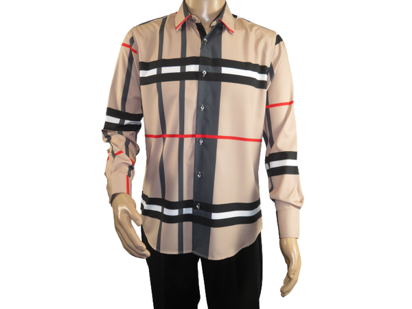 Men Sports Shirt by DE-NIKO Long Sleeves Fashion Print Soft Modal NK1010 Tan