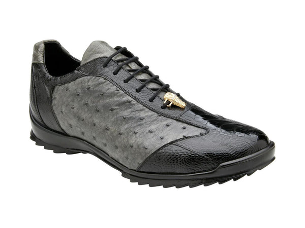 Mens Belvedere Lando Sneaker Walking Shoes Genuine Ostrich leg Black/Gray 33628