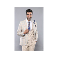 Men 3pc European Vested Suit WESSI by J.VALINTIN Extra Slim Fit JV31 Beige plaid