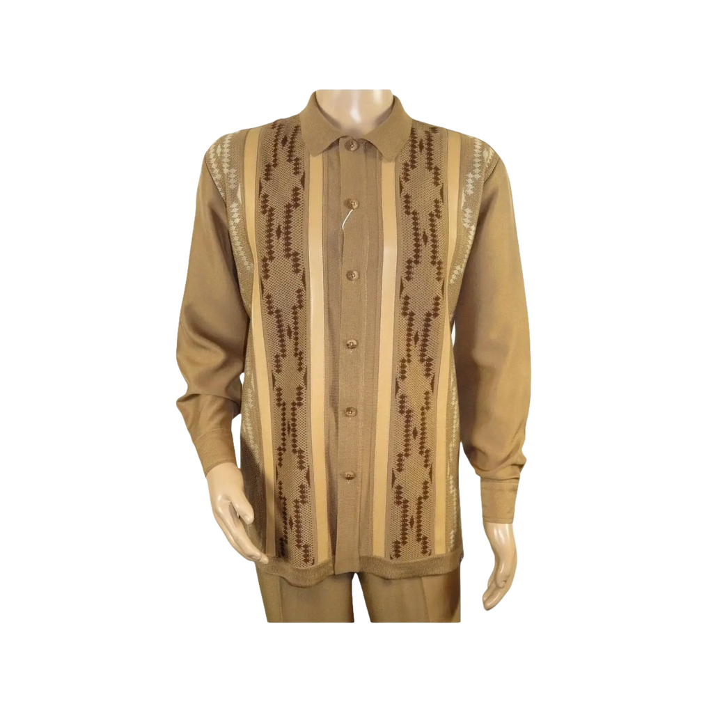 Men Silversilk 2pc Fancy walking leisure suit Italian woven knits 4407 Cafe Tan