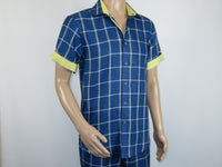 Men INSERCH premium Soft Cool Linen  2pc Walking Leisure suit 7098 Blue Plaid