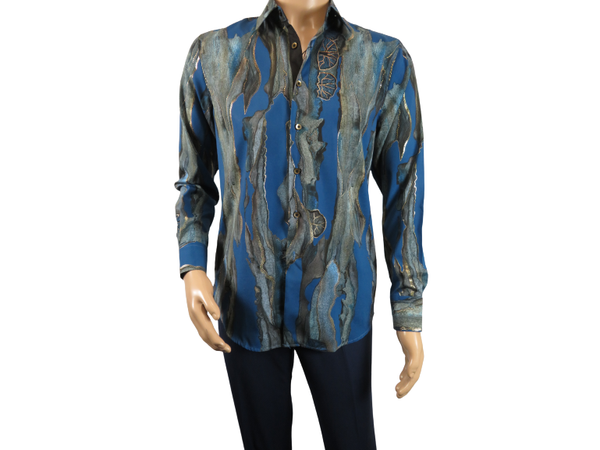 Men Sports Shirt by DE-NIKO Long Sleeves Fashion Print Modal Nk20188 Teal Blue
