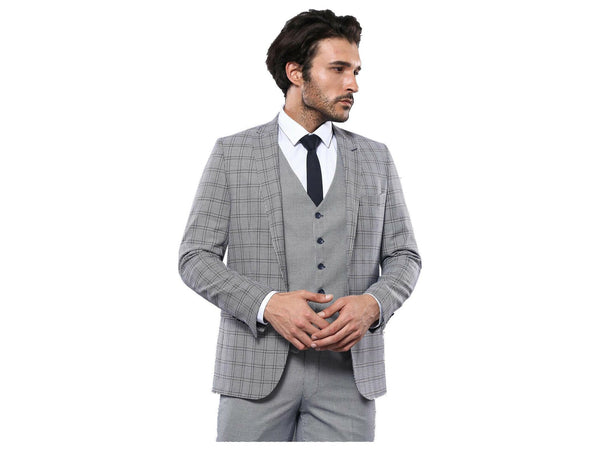 Men 3pc European Vested Suit WESSI by J.VALINTIN Slim Fit JV40 Gray Blue Plaid