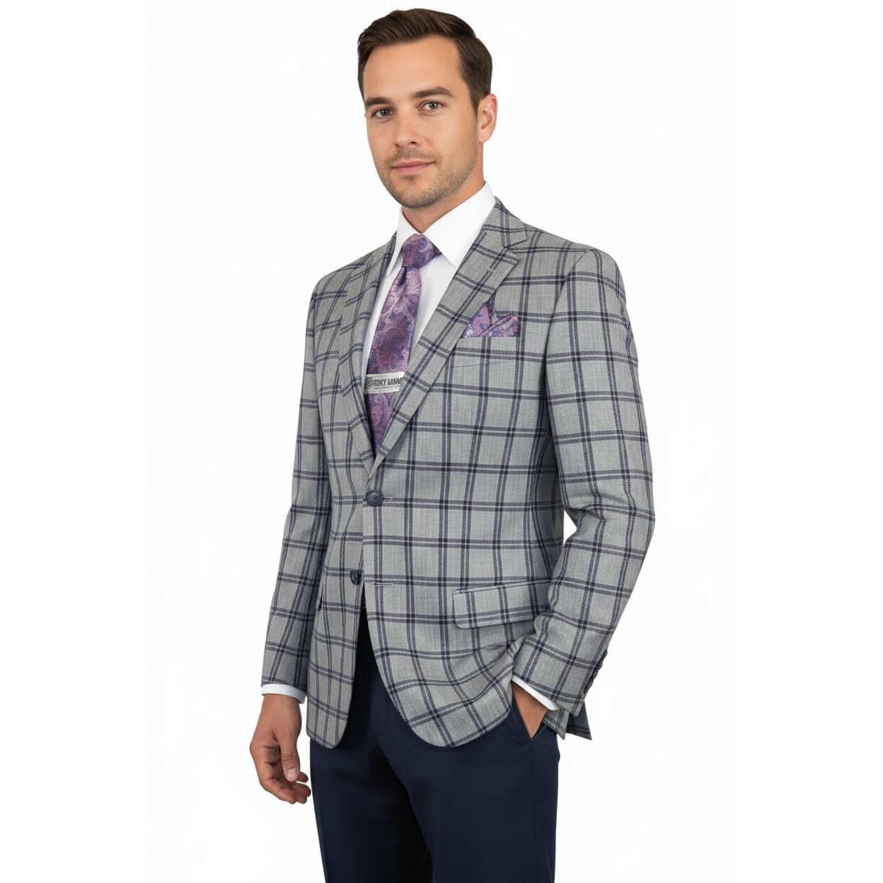 Men Sport Coat by Berlusconi Turkey Soft European Plaid #MK80 05 gray blue