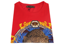 Men LAVERITA European Fashion Crew Shirt Short Sleeve Lion Medallion 93357 Red