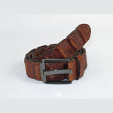 Men Genuine Leather Belt PIERO ROSSI Turkey Crocodile print Hand Stich 69 Cognac