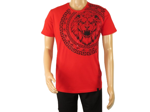 Mens PLATINI Sports Shirt With Rhine Stones Lion Medallion Chain SS3612 Red