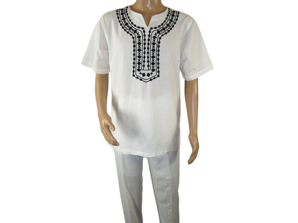 Men 2pc Stacy Adams leisure suit Linen Cotton With Embroidery 3668 white black